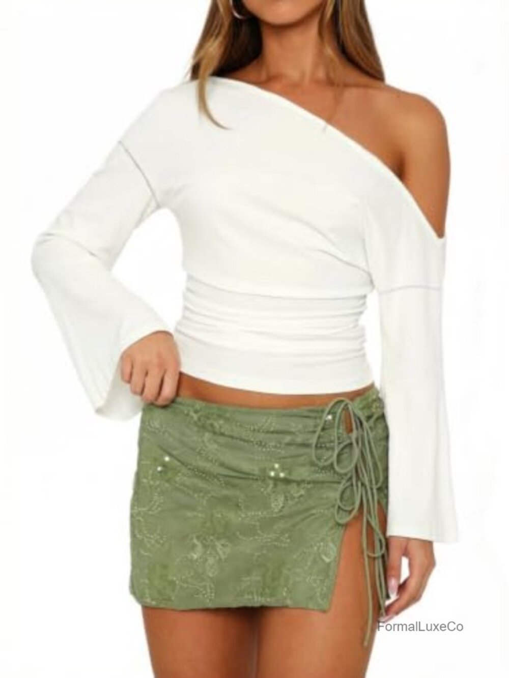 One Shoulder Crop Top Women Side Ruched Long Sleeve Bell Sleeve Rayon Spandex